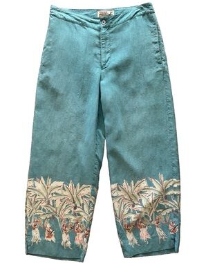 Tiki Classics Silk Capri Pants 6 Y2K Hawaiian Hula Girl Palm Tree Retro Tiki